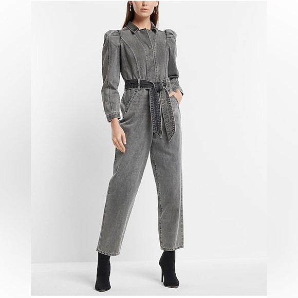 Express Puff Sleeve Tie Waist Gray Wash Denim Jumpsuit 6 - Picture 4 of 16